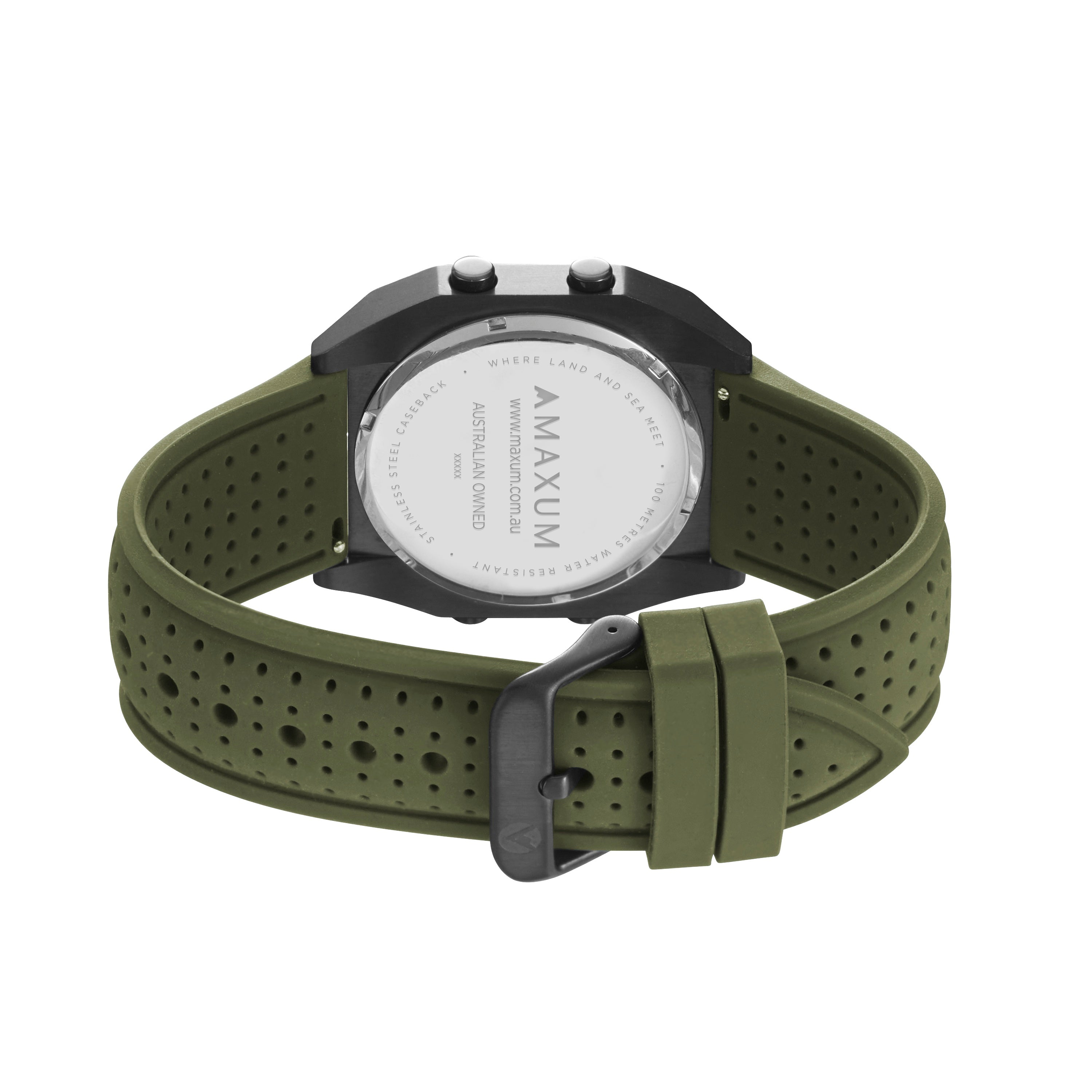 Raglan Digital Square Unisex Tide Watch – Black Case, Black Dial & Green Silicone Strap