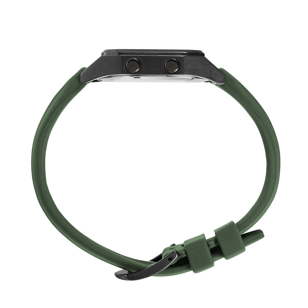 Raglan Digital Square Unisex Tide Watch – Black Case, Black Dial & Green Silicone Strap