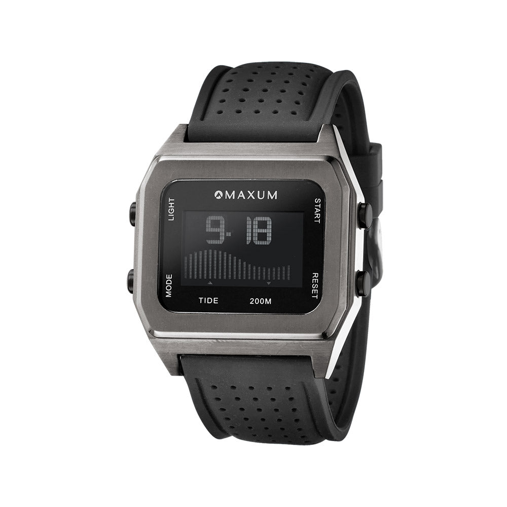 Raglan Digital Square Unisex Tide Watch– Gun Metal Case, Black Dial & Black Silicone Strap
