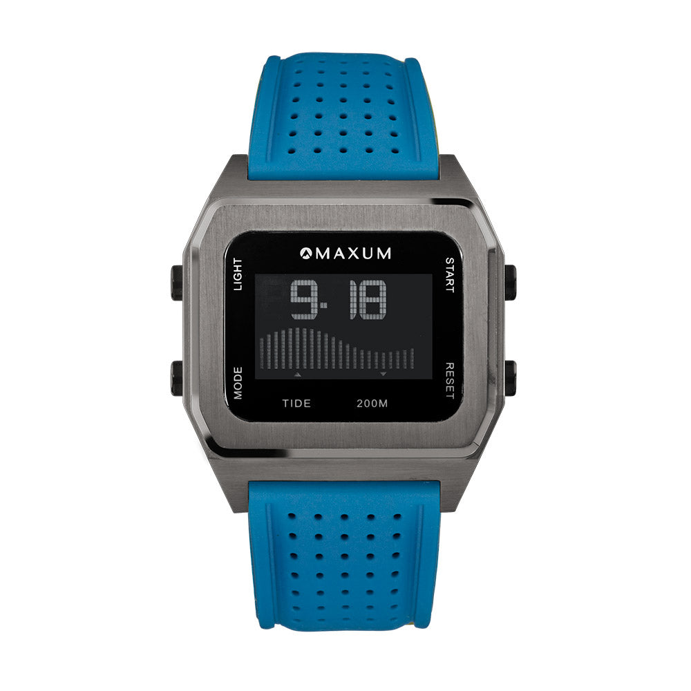 Raglan Digital Square Unisex Tide Watch– Gun Metal Case, Black Dial & Blue Silicone Strap