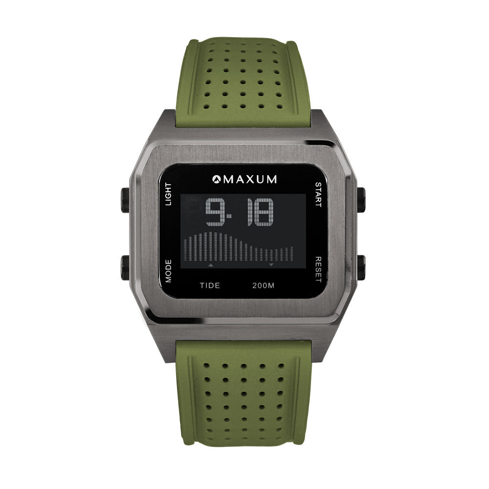 Raglan Digital Square Unisex Tide Watch– Gun Metal Case, Black Dial & Green Silicone Strap