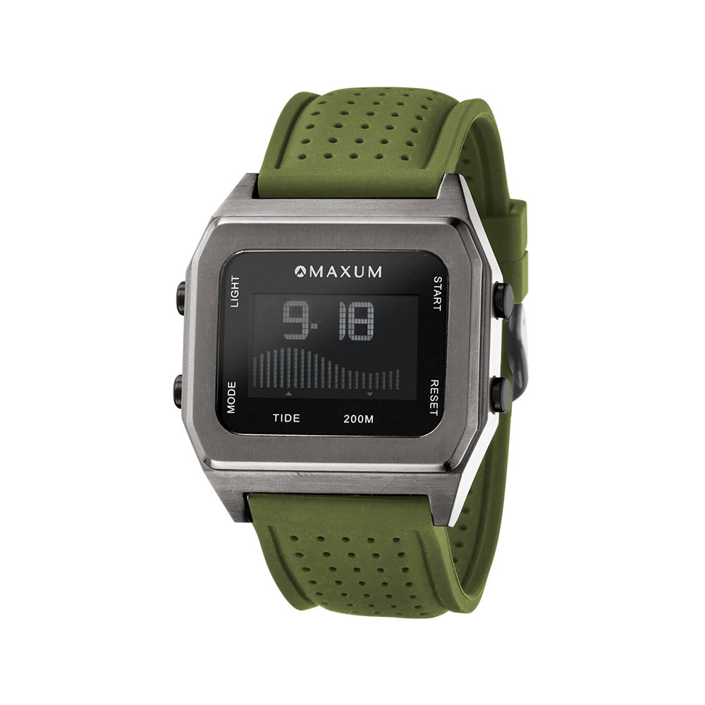Raglan Digital Square Unisex Tide Watch– Gun Metal Case, Black Dial & Green Silicone Strap