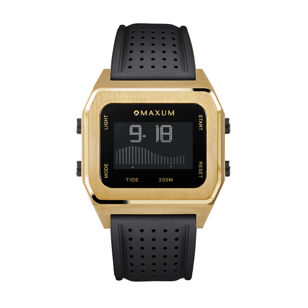 Raglan Digital Square Unisex Tide Watch– Gold Case, Black Dial & Black Silicone Strap