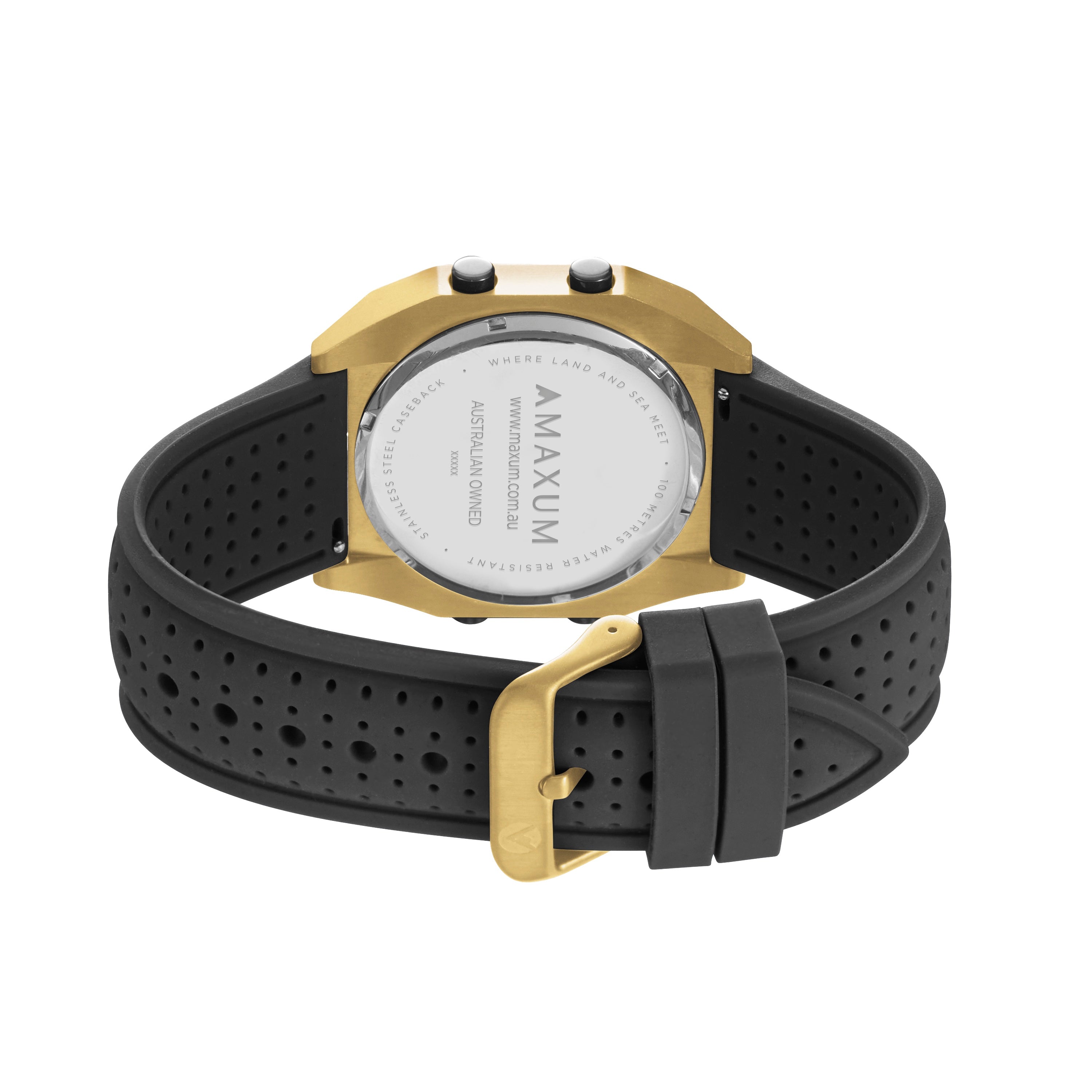 Raglan Digital Square Unisex Tide Watch– Gold Case, Black Dial & Black Silicone Strap