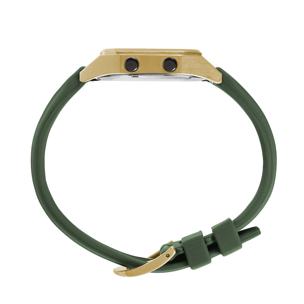 Raglan Digital Square Unisex Tide Watch– Gold Case, Black Dial & Green Silicone Strap