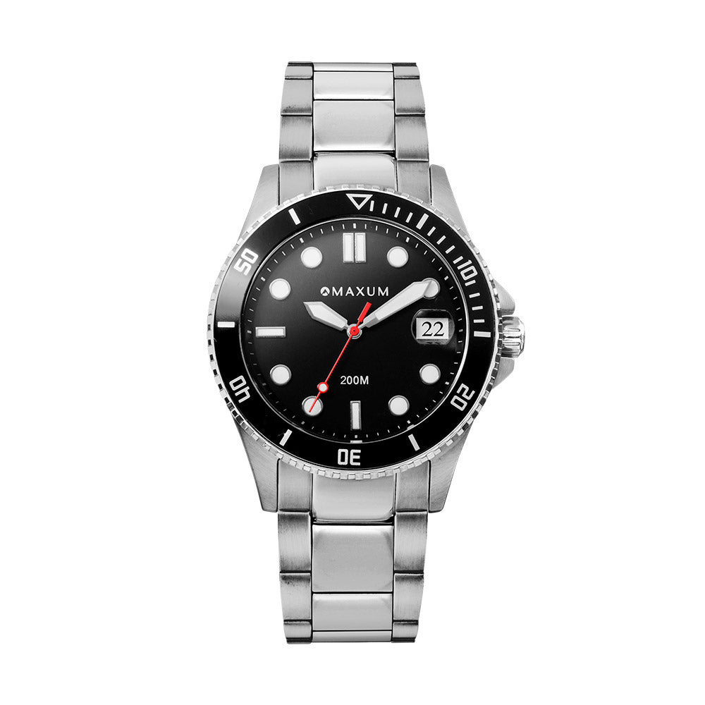 Maxum Liberty black dial analogue watch with a silver-tone case and bracelet, displaying date and hour markers.