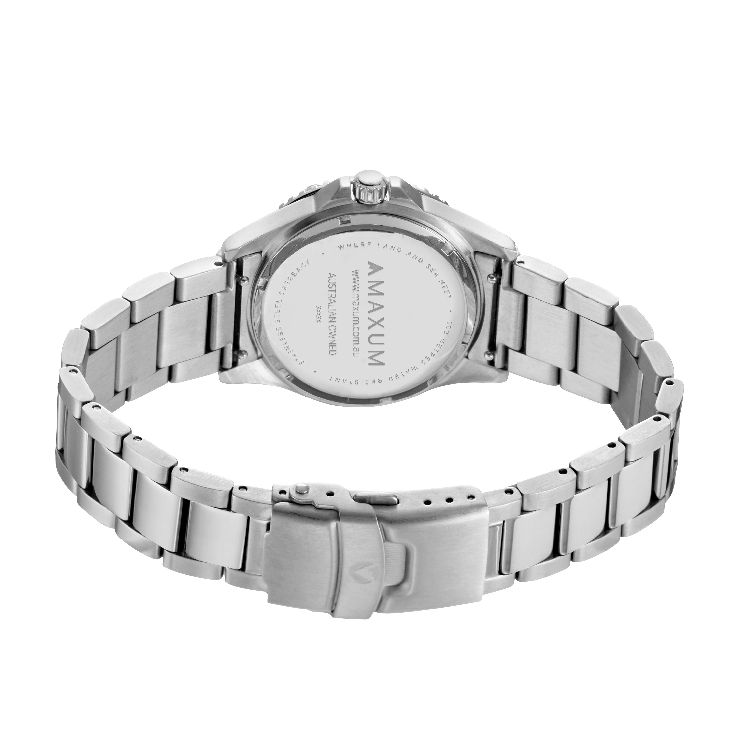 Maxum Liberty black dial analogue watch with a silver-tone case and bracelet, displaying date and hour markers. Side view