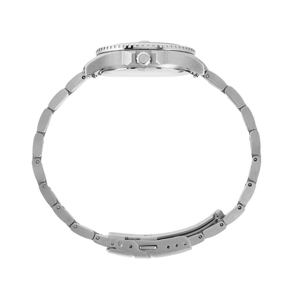 Maxum Liberty black dial analogue watch with a silver-tone case and bracelet, displaying date and hour markers. Side view