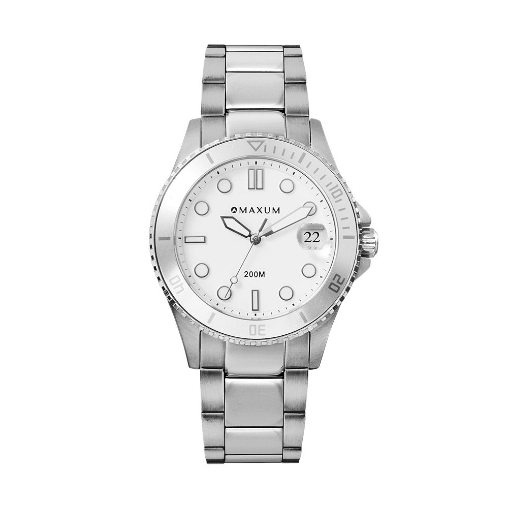 Maxum Liberty white dial watch with a silver-tone case and bracelet, featuring analog display and date function.