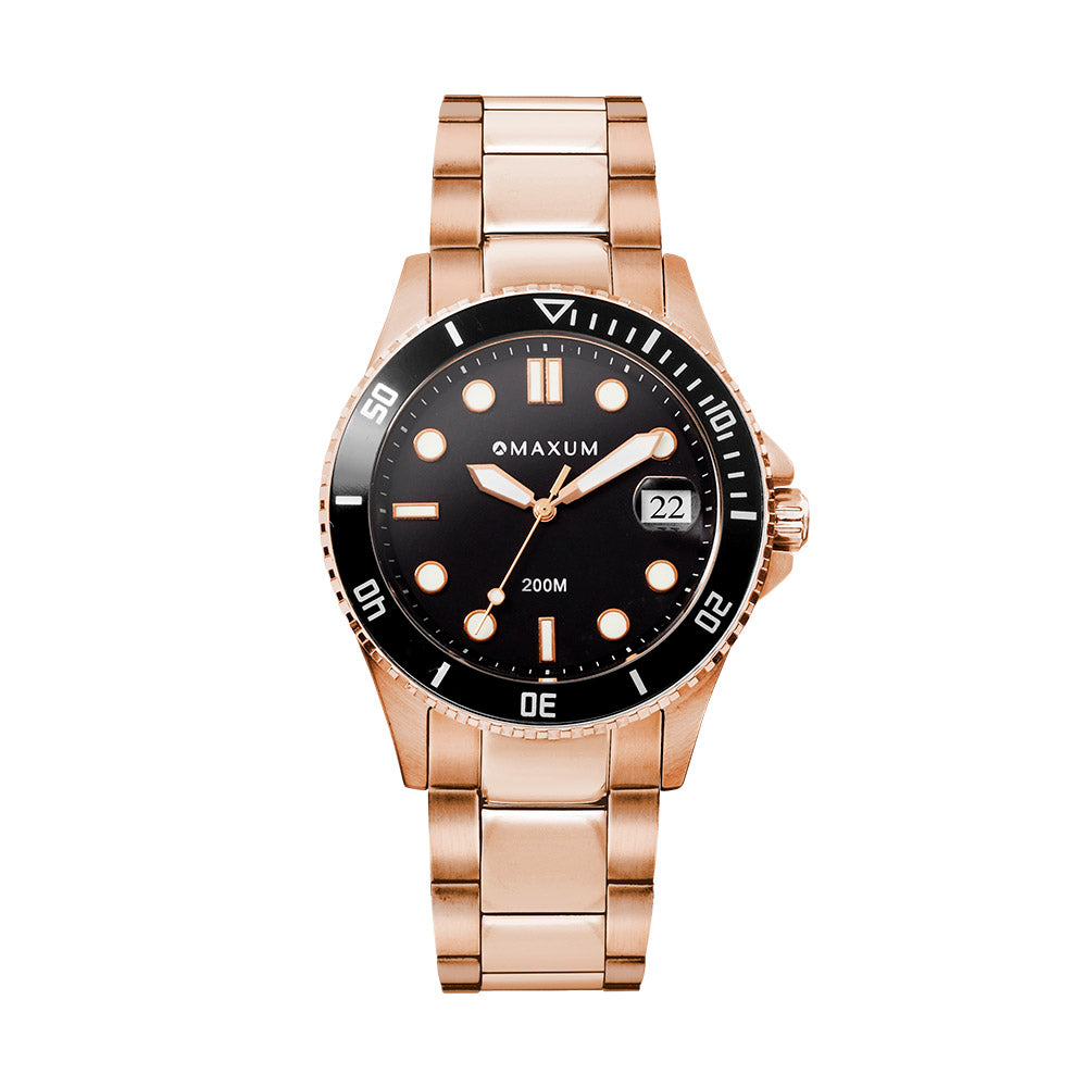 Maxum Liberty rose gold-colorued analog watch with a black dial and a rose gold bracelet, displayed against a white background.
