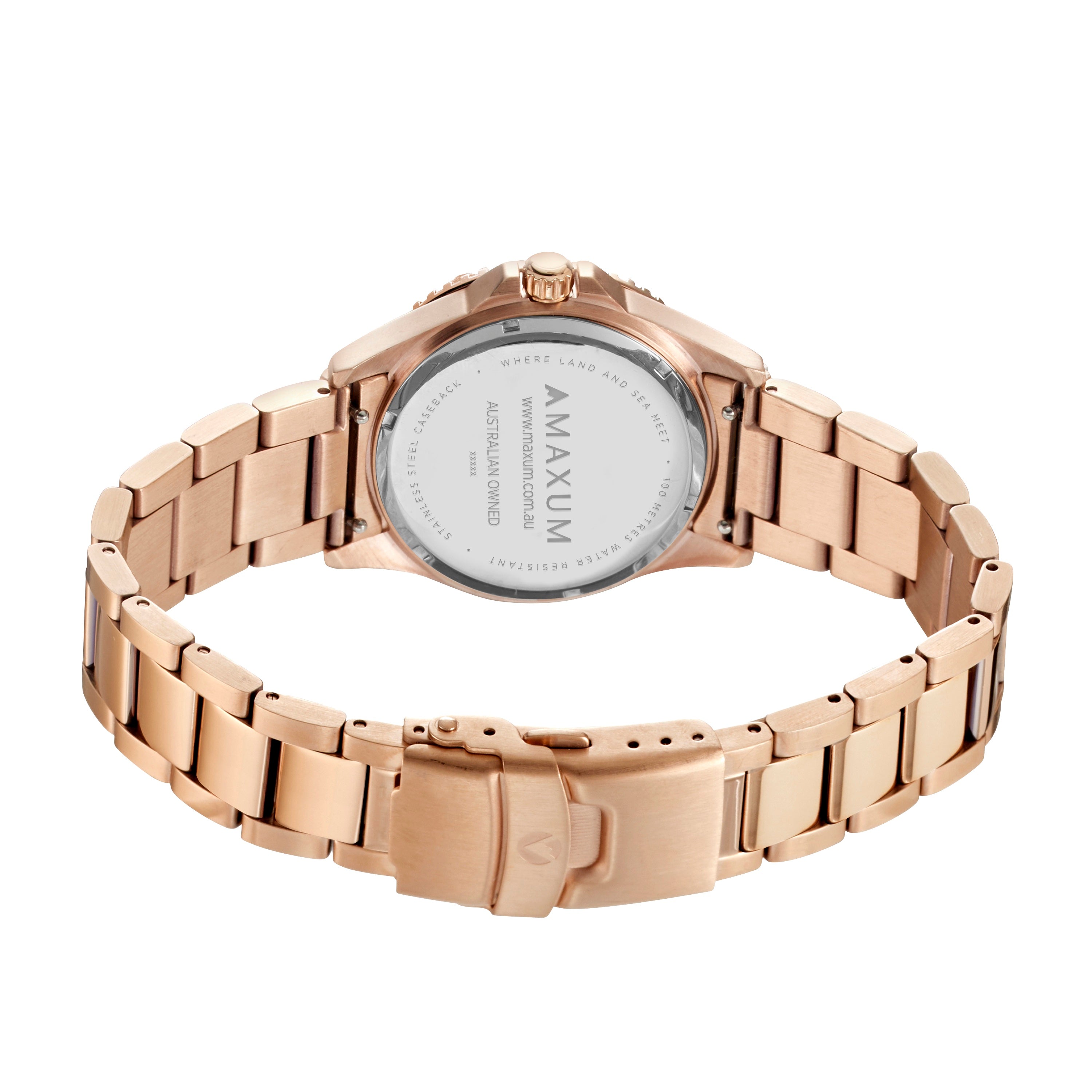 Maxum Liberty watch wose gold case on a white background back view