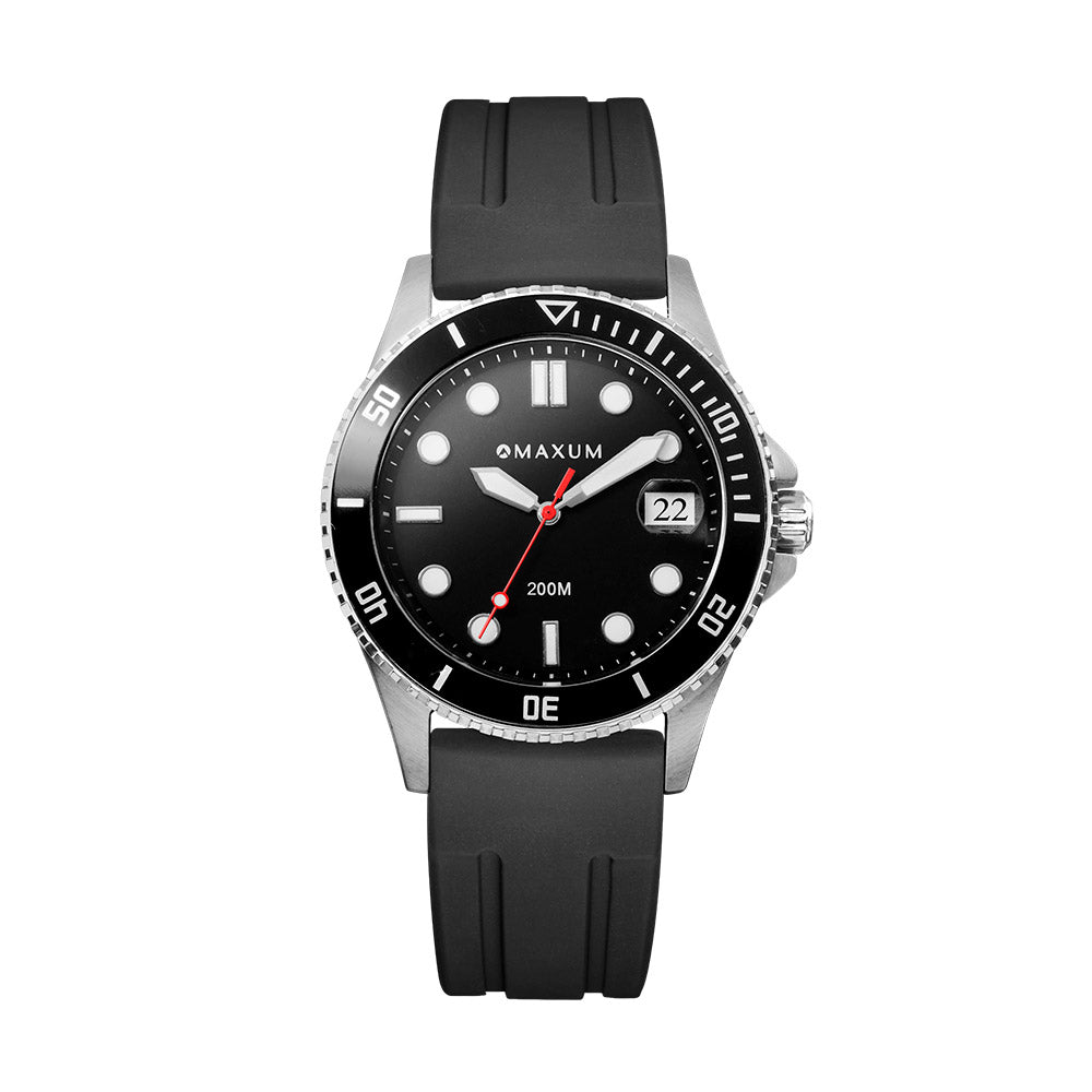 Maxum Liberty silver-tone casing watch with a black dial and black silicone strap, showing time and date.