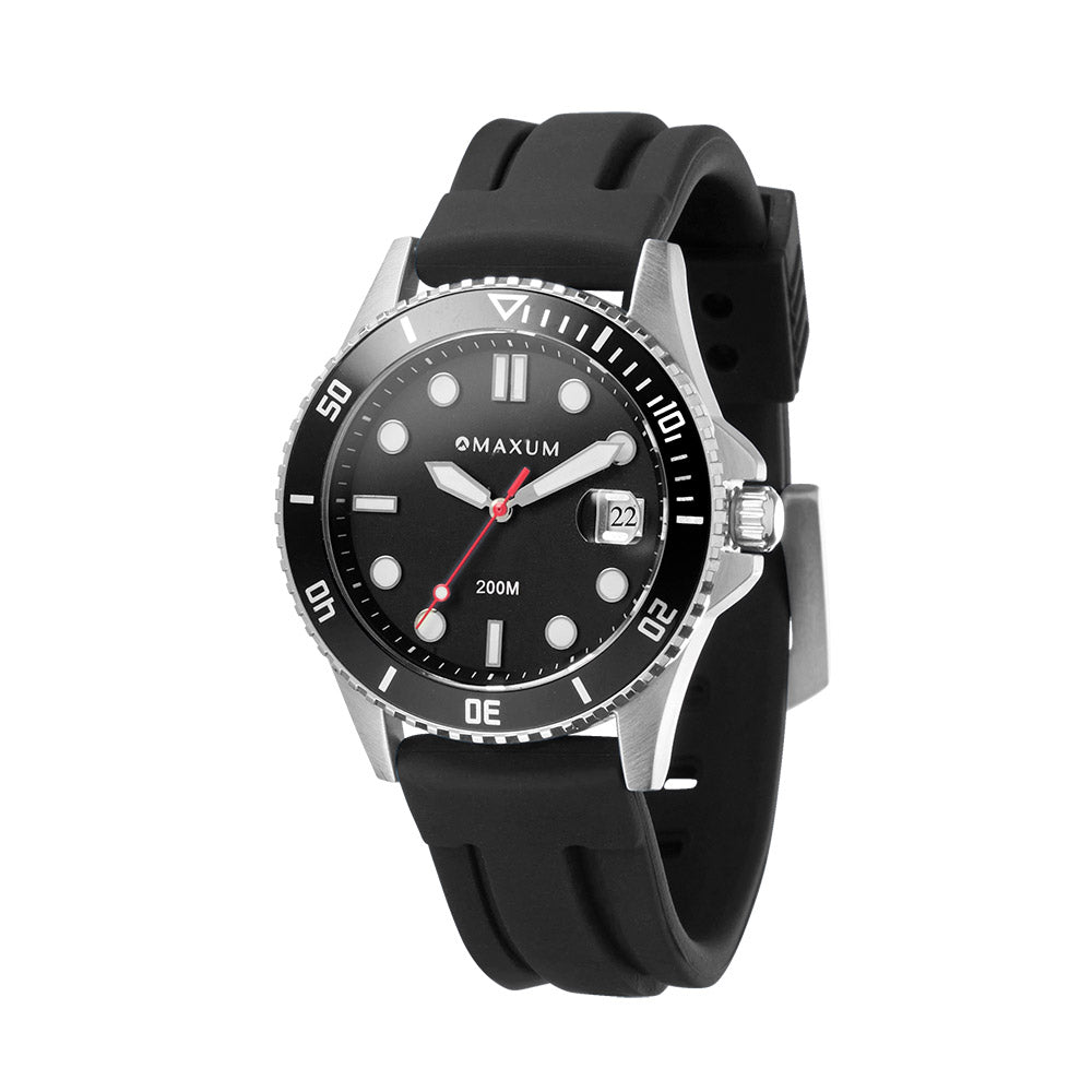 Maxum Liberty silver-tone casing watch with a black dial and black silicone strap, showing time and date.