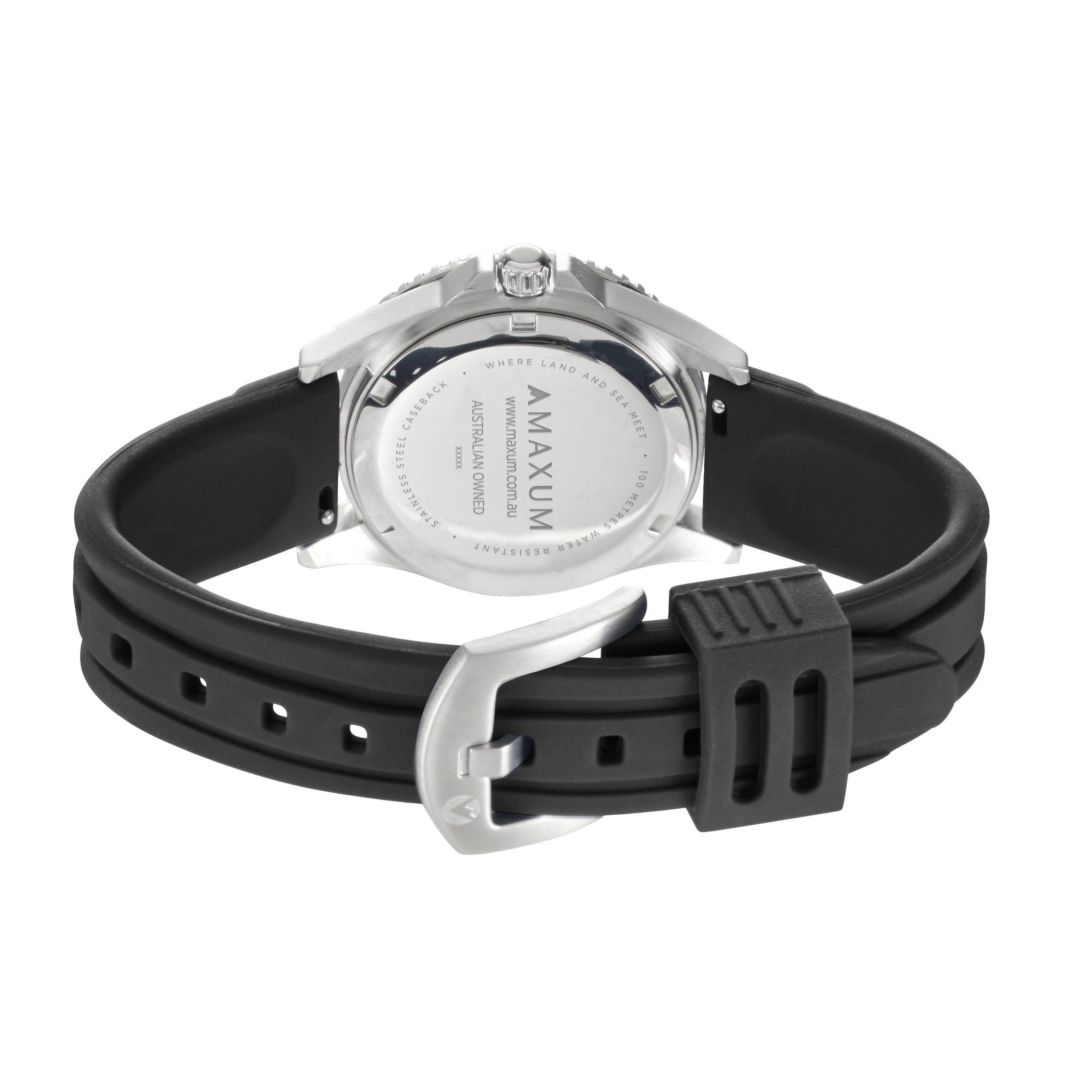 Maxum Liberty silver-tone casing watch with a black dial and black silicone strap, showing time and date.