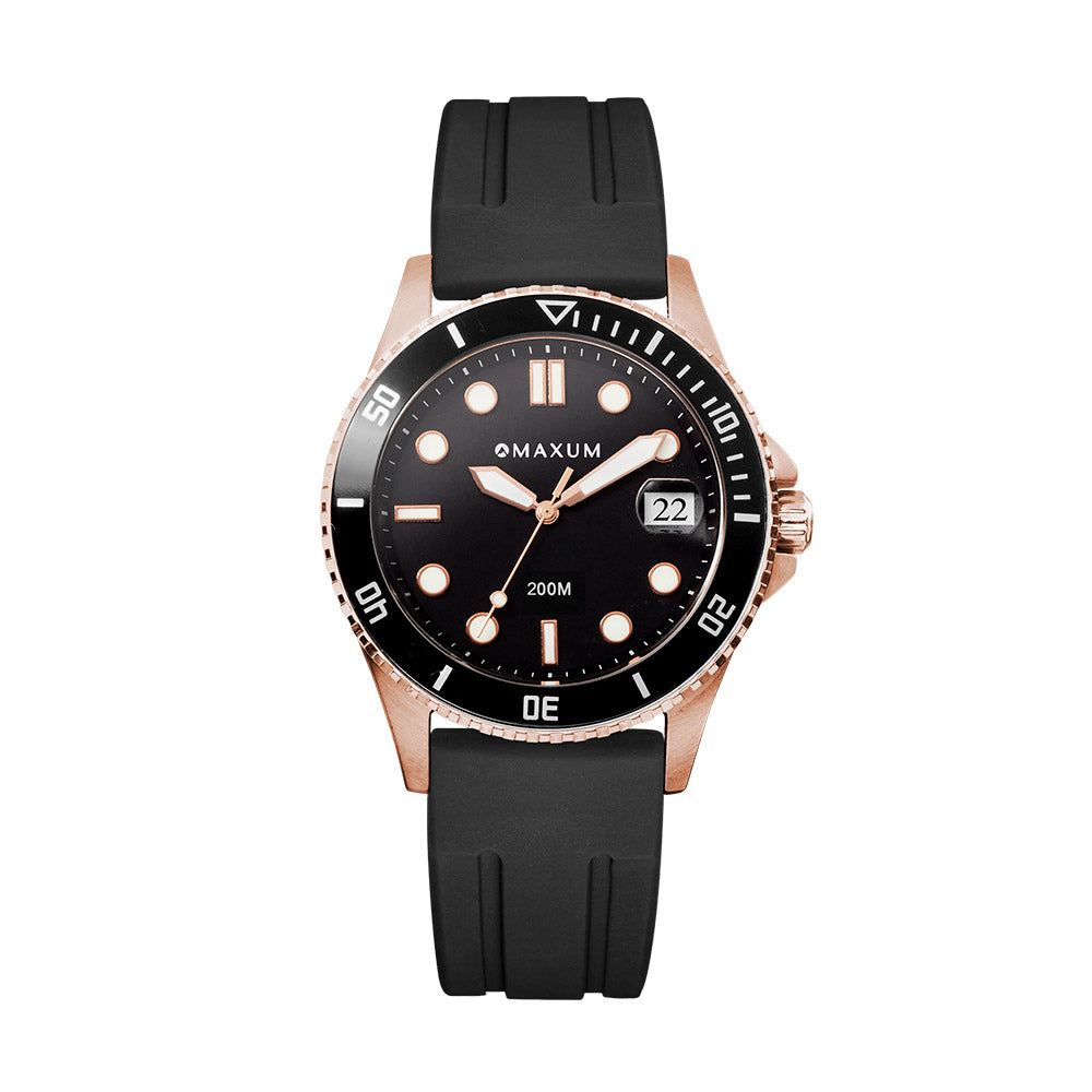 Maxum Liberty rose gold analogue watch with a black dial and black silicone strap, showing date feature.