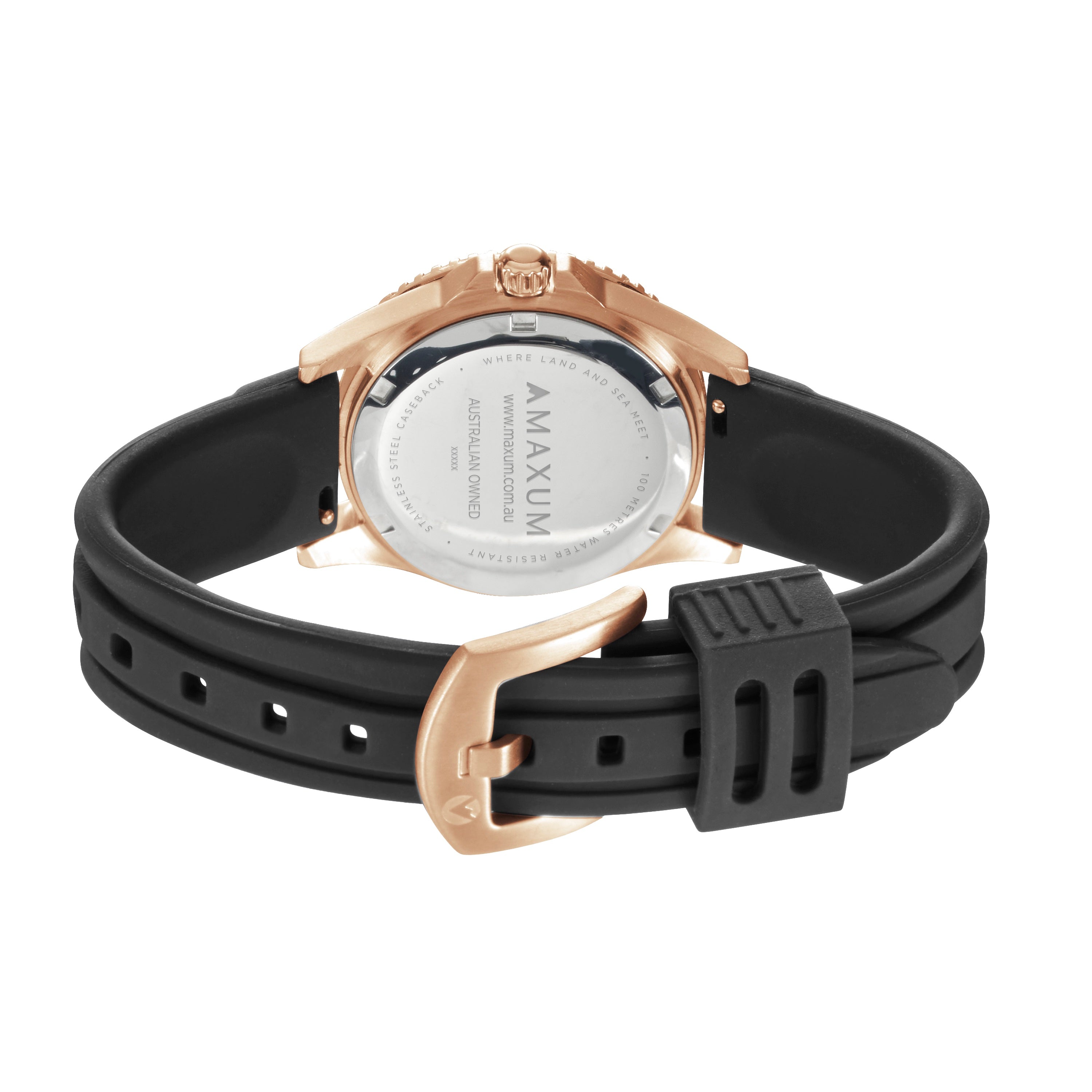 Maxum Liberty watch with black strap and rose gold case on a white background