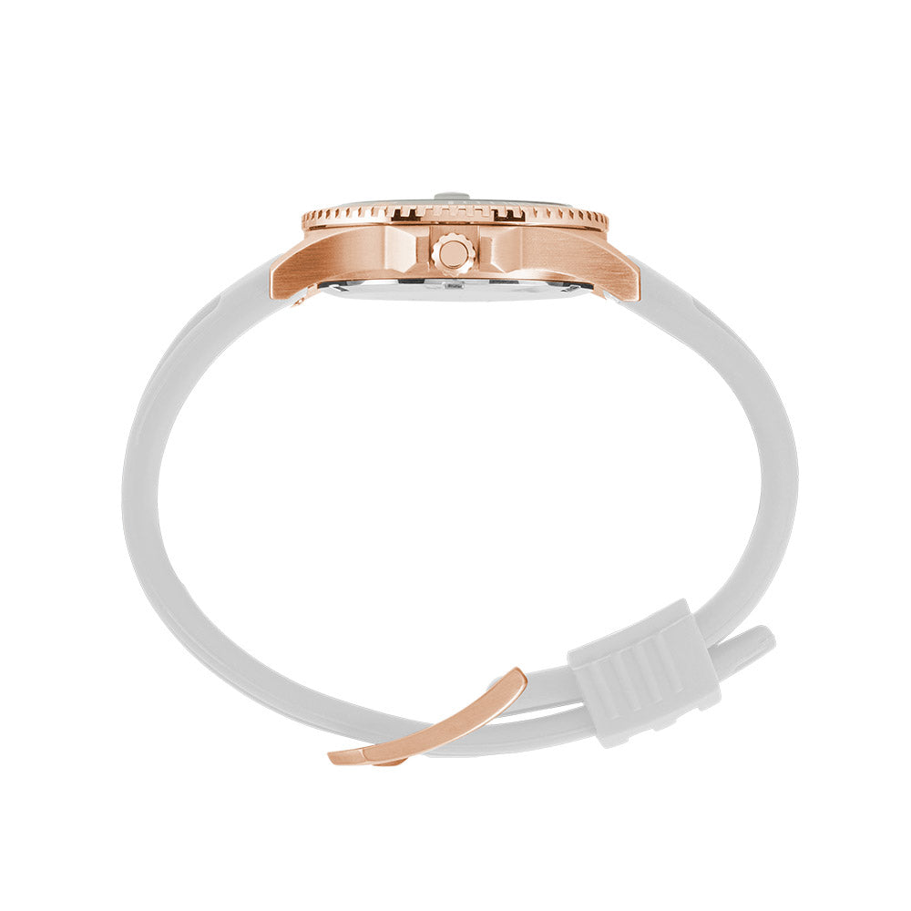 Liberty Ladies Analogue Date Watch – Rose Gold Case, White Dial & White Silicone Strap