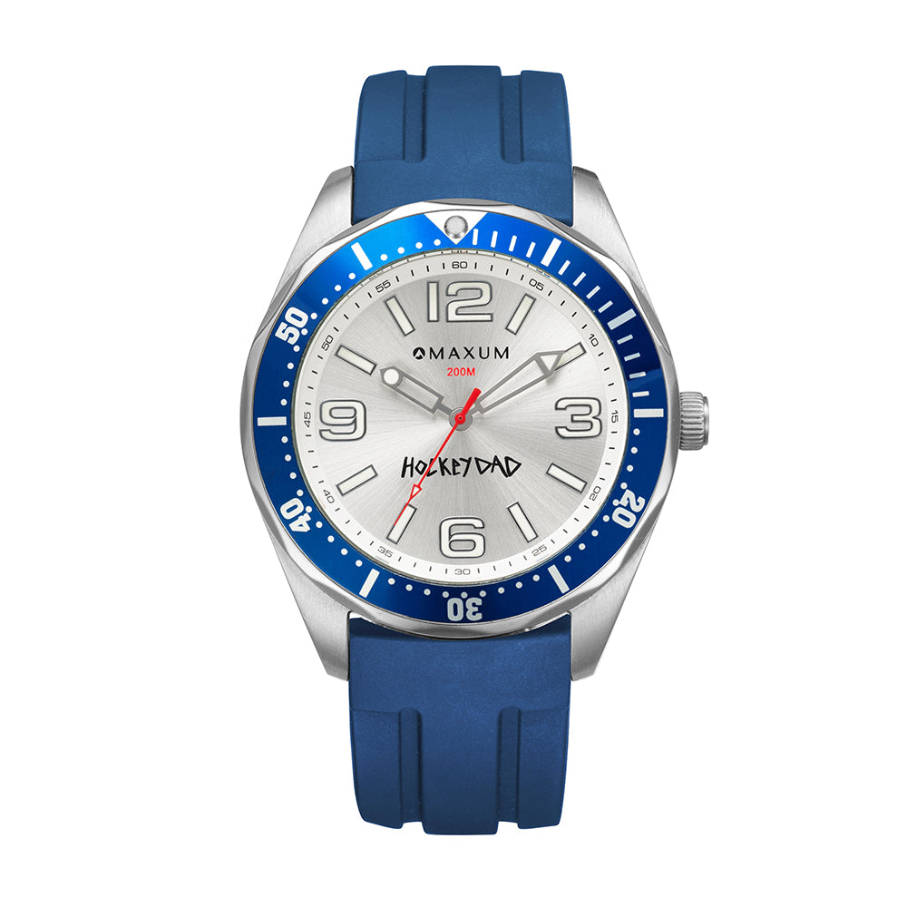 A limited edition silver and blue analog watch with the text 'HOCKEY DAD' on the dial, a blue silicone strap, and a buckle closure.