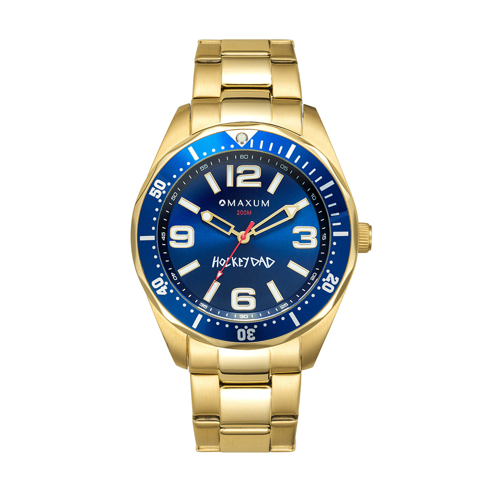 Maxum Hockey Dad Limited Edition Blue Watch. A gold stainless steel bracelet watch with a blue dial and gold casing, branded with 'HOCKEY DAD' and 'MAXUM'.