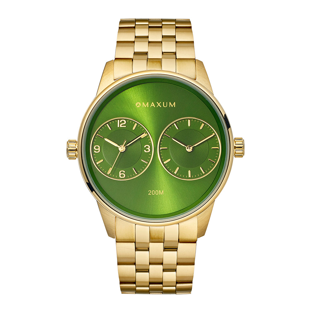 Taylor Steele Analogue Dual Time Zones– Green Dial, Gold Tone Case & Bracelet Watch