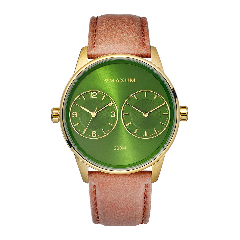 Taylor Steele Analogue Dual Time Zones– Green Dial, Gold Tone Case & Brown Leather Band Watch
