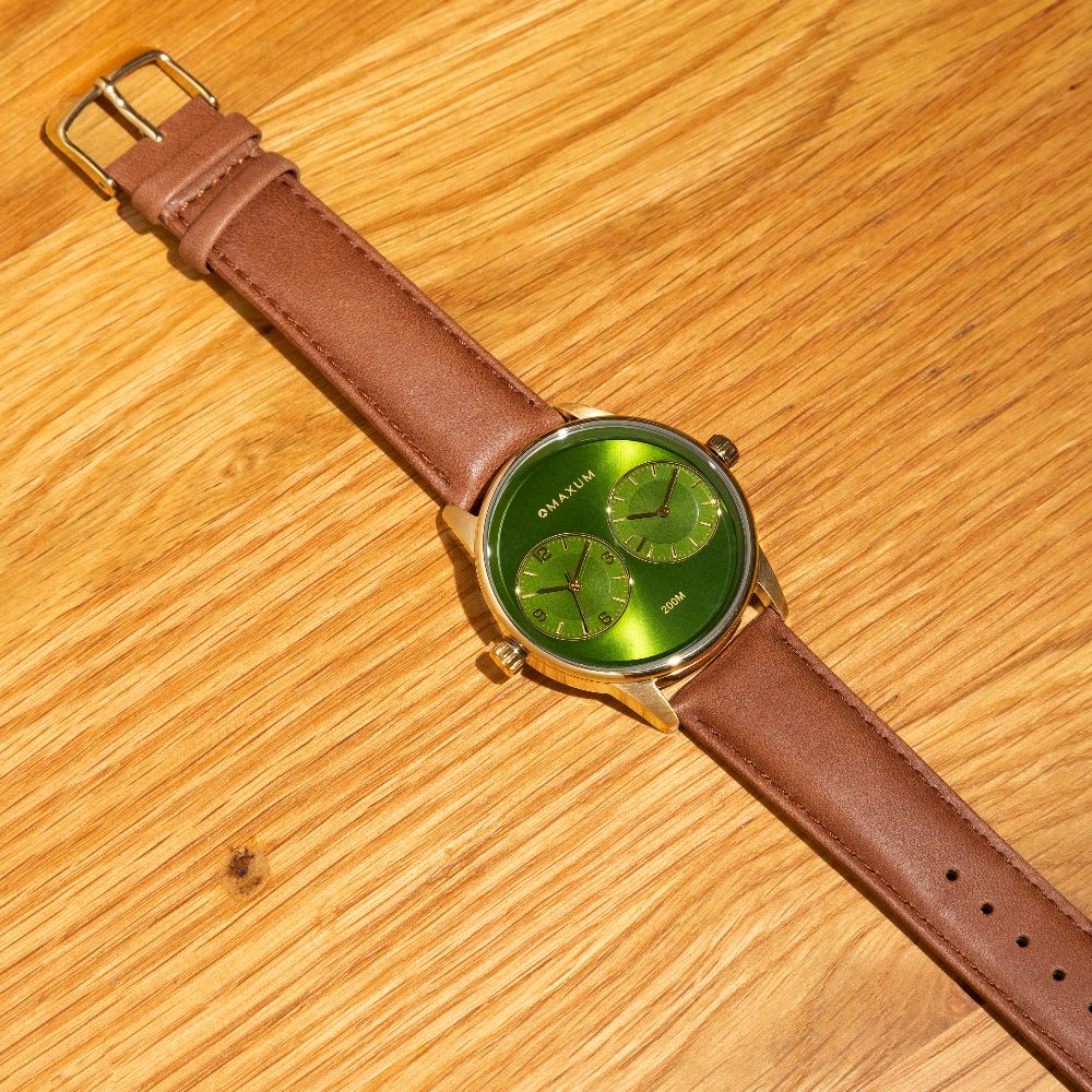 Taylor Steele Analogue Dual Time Zones– Green Dial, Gold Tone Case & Brown Leather Band Watch
