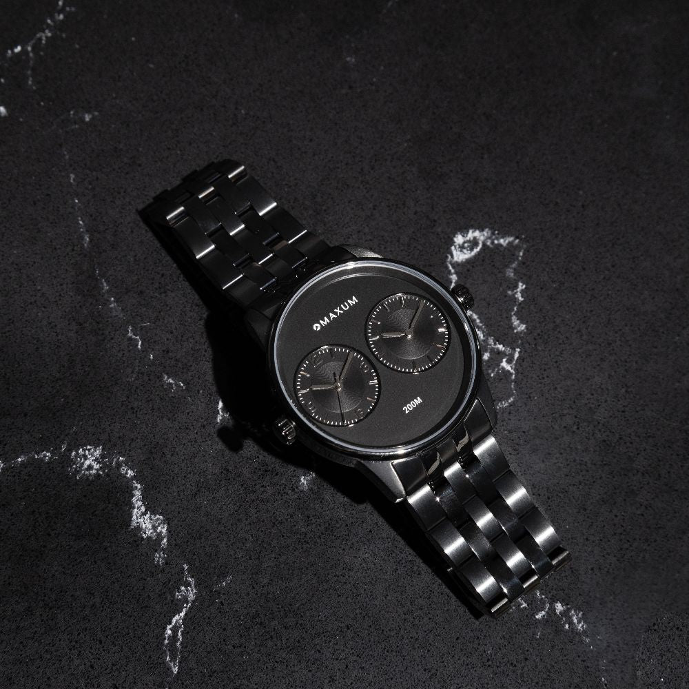 Taylor Steele Analogue Dual Time Zones – Black Dial, Black Case & Black Bracelet Watch