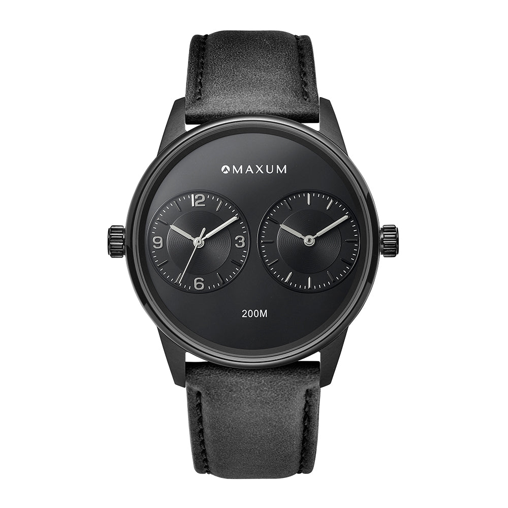 Taylor Steele Analogue Dual Time Zones – Black Dial, Black Case & Black Leather Band Watch