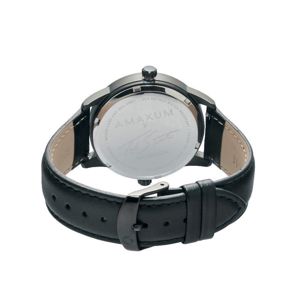 Taylor Steele Analogue Dual Time Zones – Black Dial, Black Case & Black Leather Band Watch