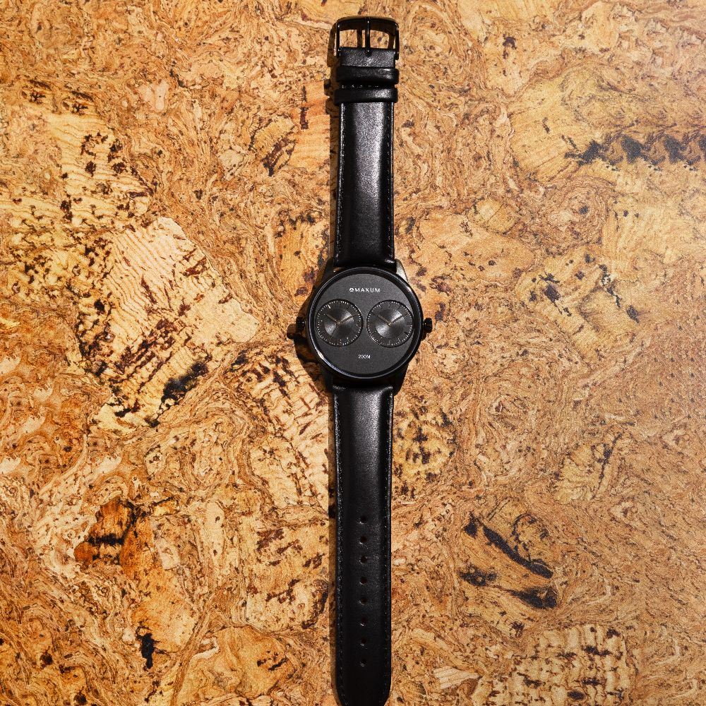 Taylor Steele Analogue Dual Time Zones – Black Dial, Black Case & Black Leather Band Watch