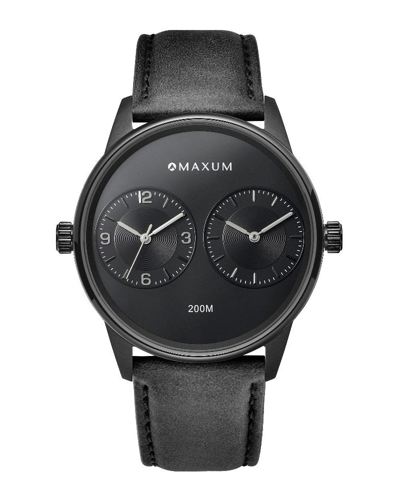 Maxum x Taylor Steele collab- black analog watch with a black dial, black case, and black leather band, branded with 'MAXUM' on the top and indicating '200M' water resistance.