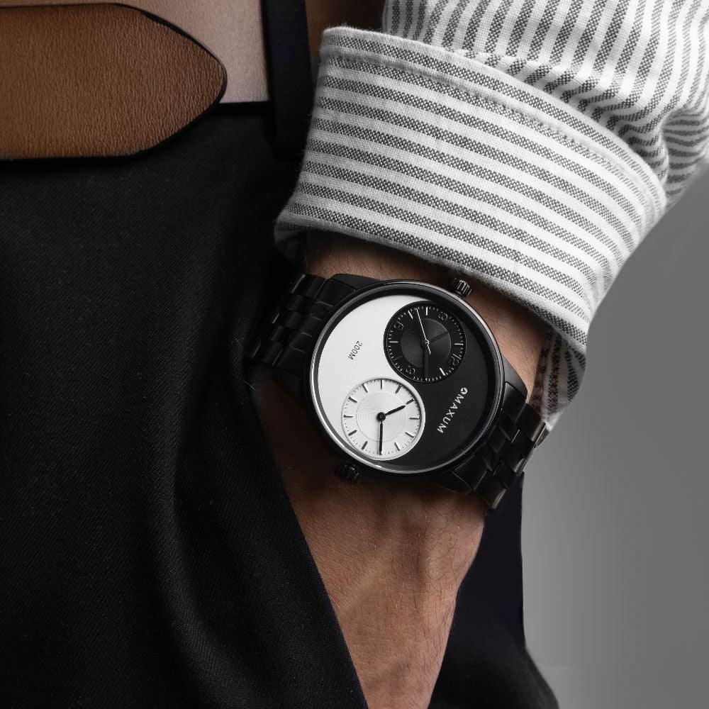 Taylor Steele Analogue Dual Time Zones – Yinyang Dial, Black Case & Black Bracelet Watch