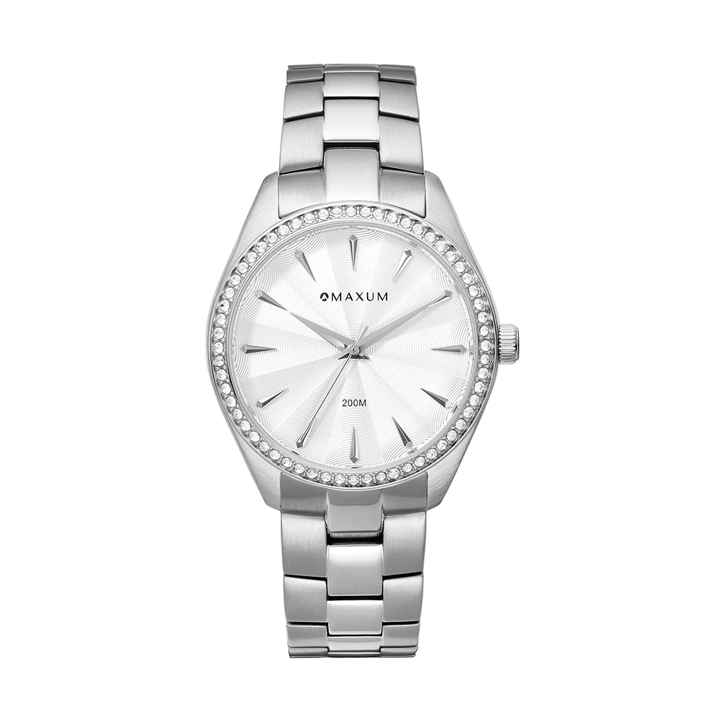 Sydney Crystal-Embellished Analogue Watch –White Dial & Silver Tone Case & Bracelet