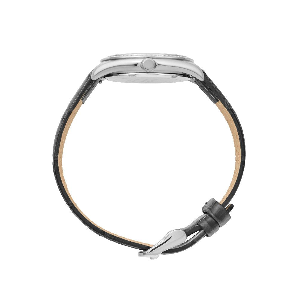 Sydney Crystal-Embellished Analogue Watch –White Dial, Silver Tone Case & Black Leather Band