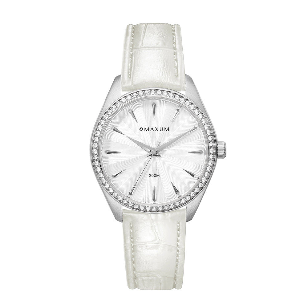 Sydney Crystal-Embellished Analogue Watch –White Dial, Silver Tone Case & White Leather Band