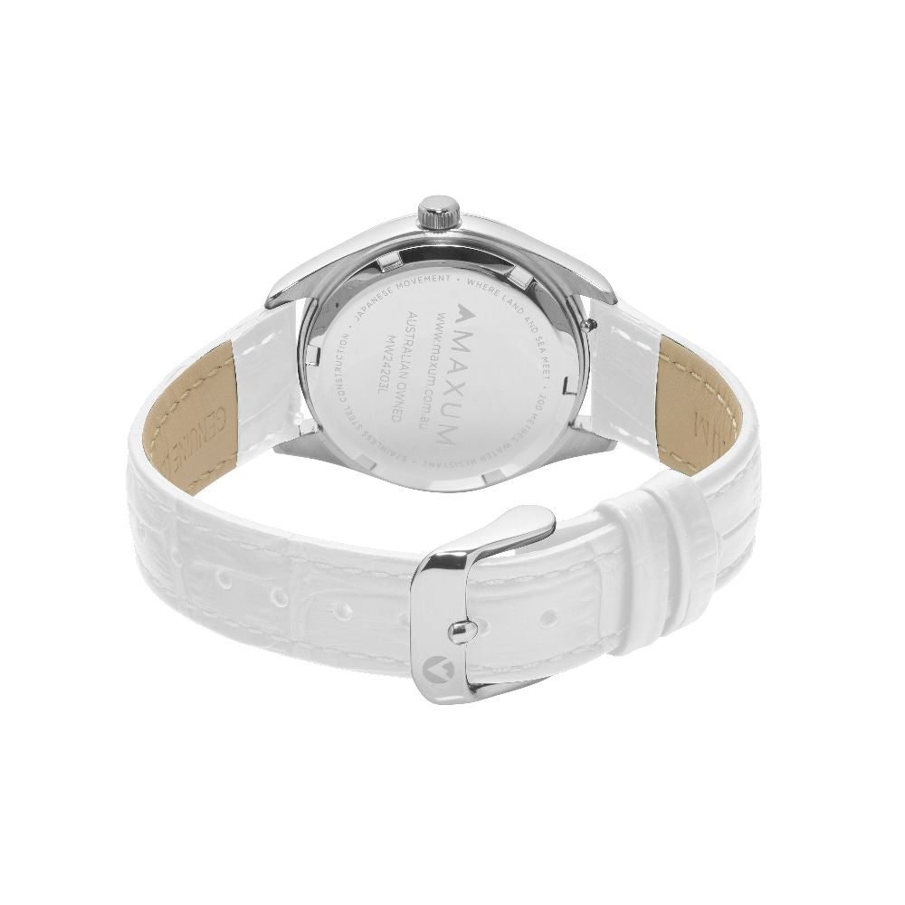 Sydney Crystal-Embellished Analogue Watch –White Dial, Silver Tone Case & White Leather Band