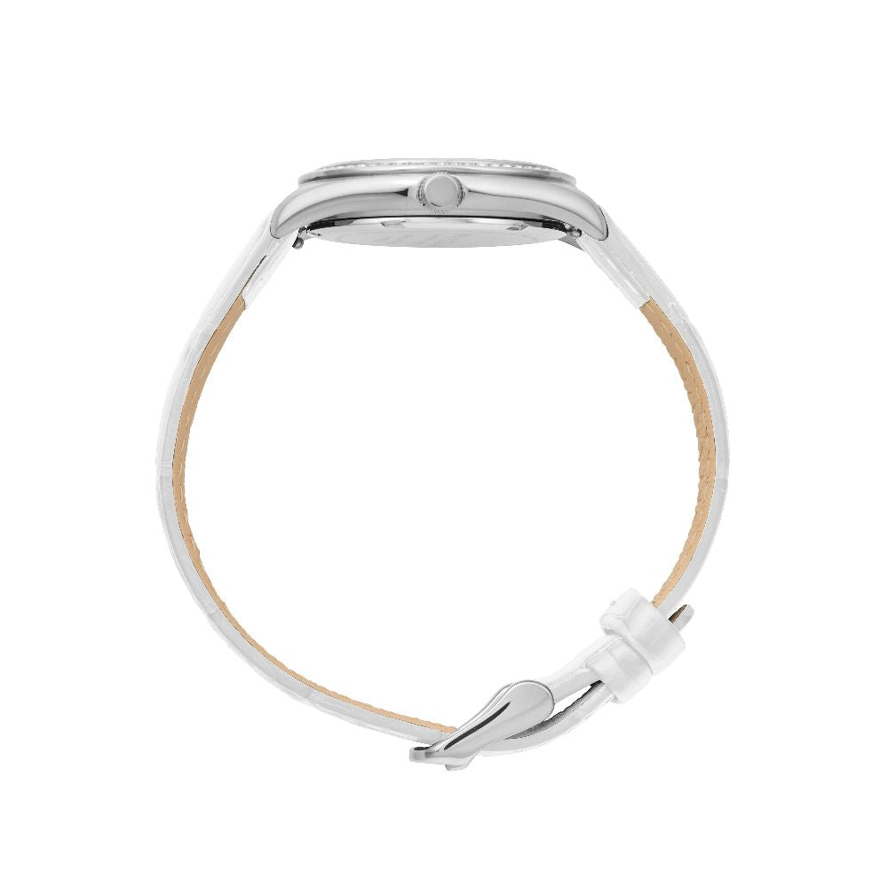 Sydney Crystal-Embellished Analogue Watch –White Dial, Silver Tone Case & White Leather Band