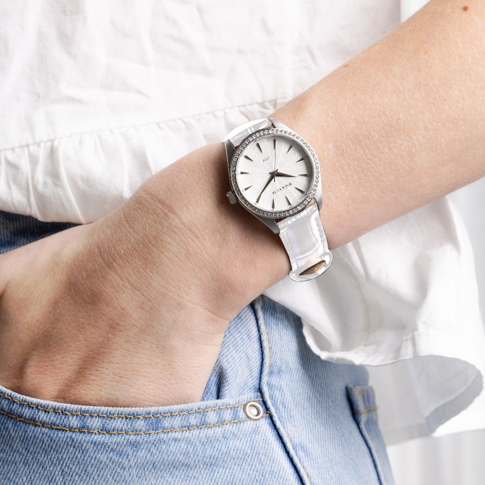 Sydney Crystal-Embellished Analogue Watch –White Dial, Silver Tone Case & White Leather Band