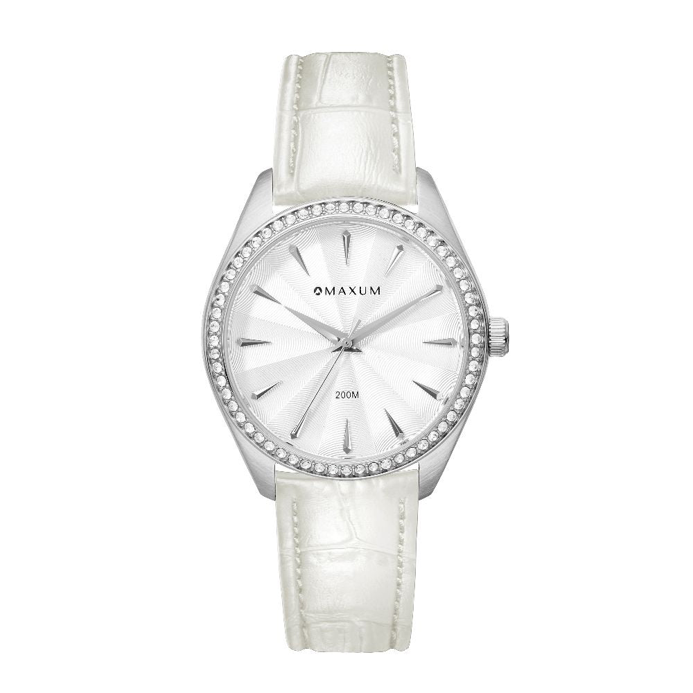Sydney Crystal-Embellished Analogue Watch –White Dial, Silver Tone Case & White Leather Band