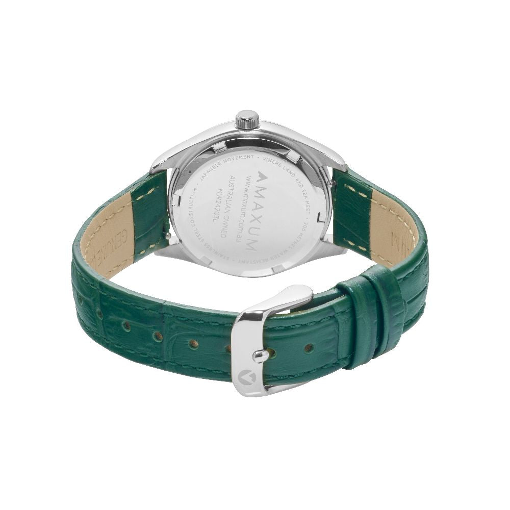 Sydney Crystal-Embellished Analogue Watch –White Dial, Silver Tone Case & Green Leather Band