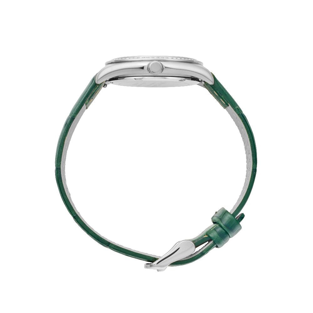 Sydney Crystal-Embellished Analogue Watch –White Dial, Silver Tone Case & Green Leather Band