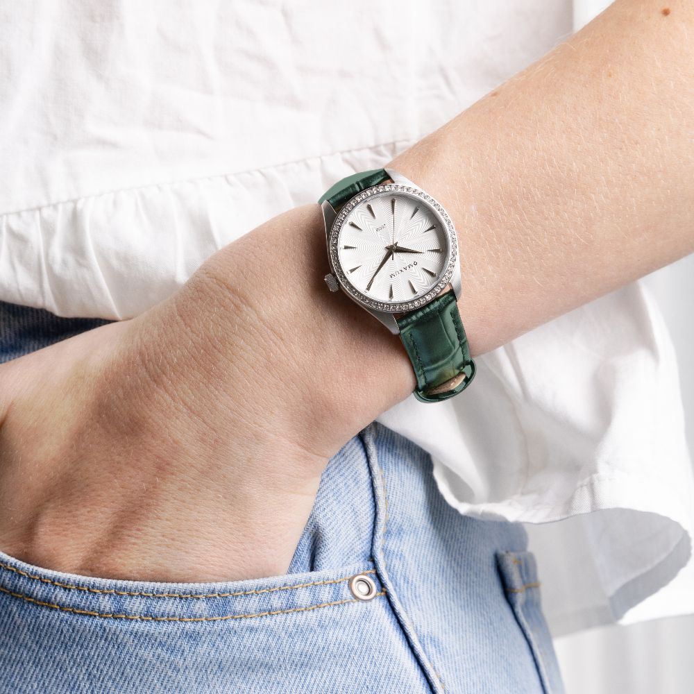 Sydney Crystal-Embellished Analogue Watch –White Dial, Silver Tone Case & Green Leather Band