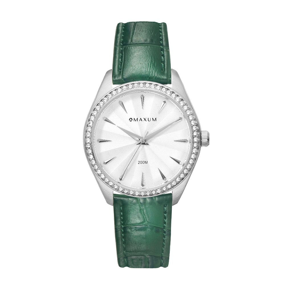 Sydney Crystal-Embellished Analogue Watch –White Dial, Silver Tone Case & Green Leather Band