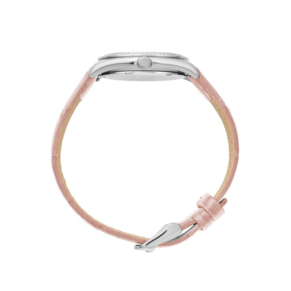 Sydney Crystal-Embellished Analogue Watch –White Dial, Silver Tone Case & Blush Leather Band