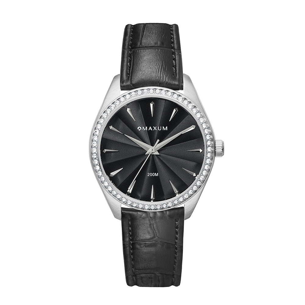 Sydney Crystal-Embellished Analogue Watch –Black Dial, Silver Tone Case & Black Leather Band