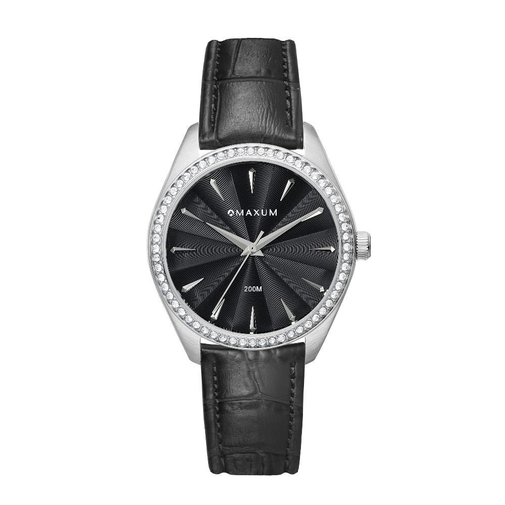 Sydney Crystal-Embellished Analogue Watch –Black Dial, Silver Tone Case & Black Leather Band