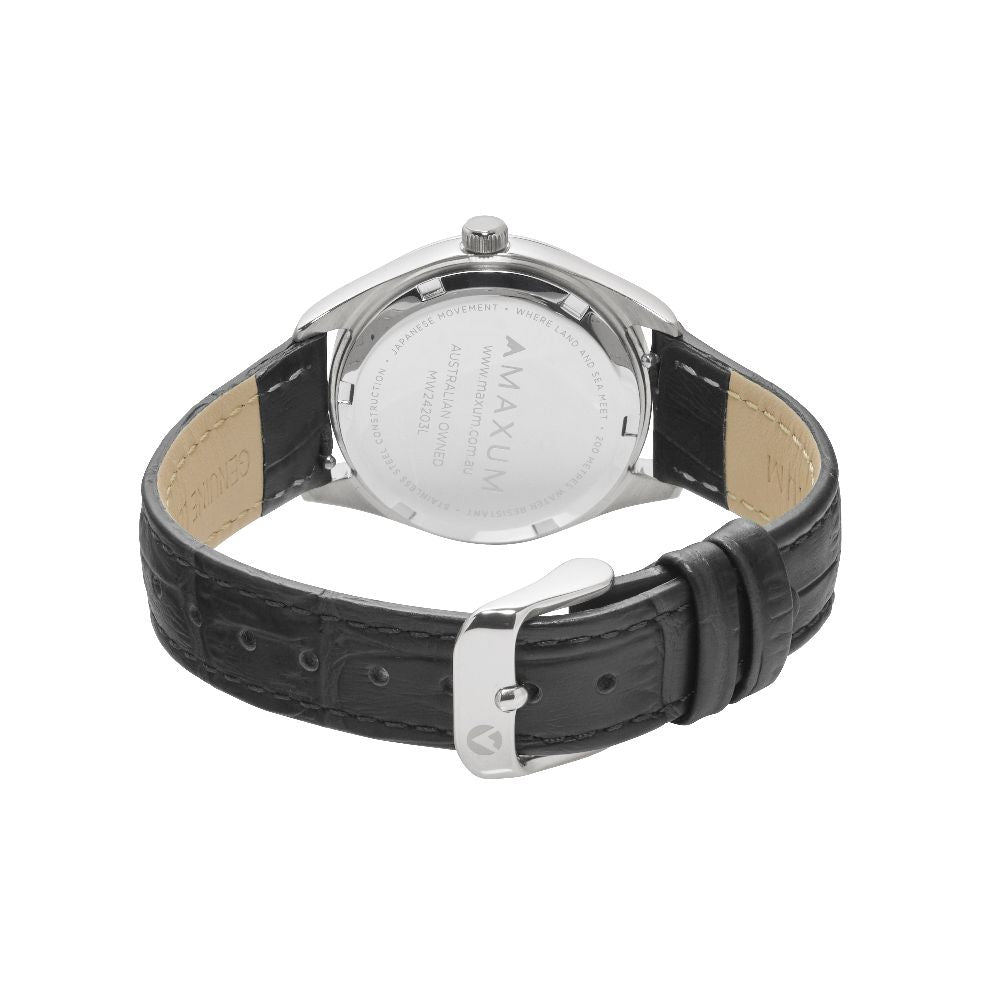 Sydney Crystal-Embellished Analogue Watch –Black Dial, Silver Tone Case & Black Leather Band