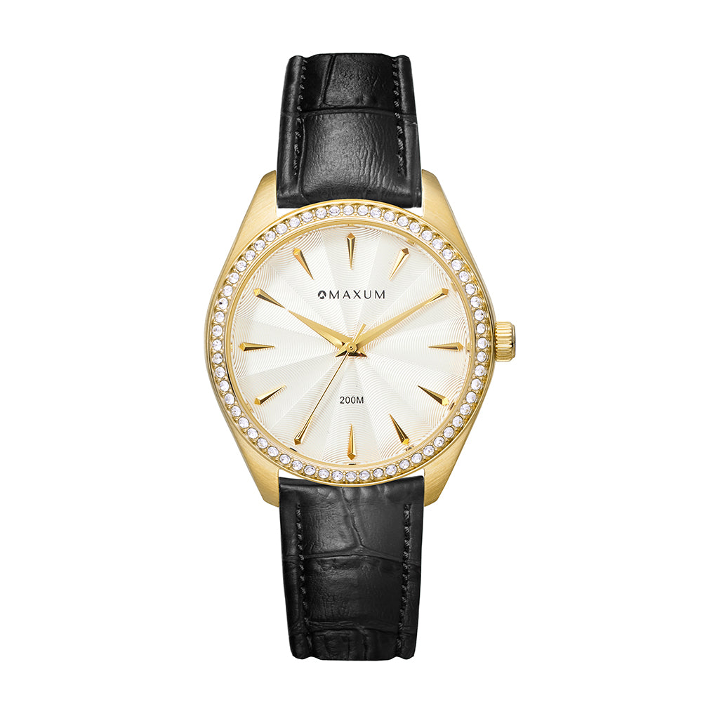 Sydney Crystal-Embellished Analogue Watch –White Dial, Gold Tone Case & Black Leather Band