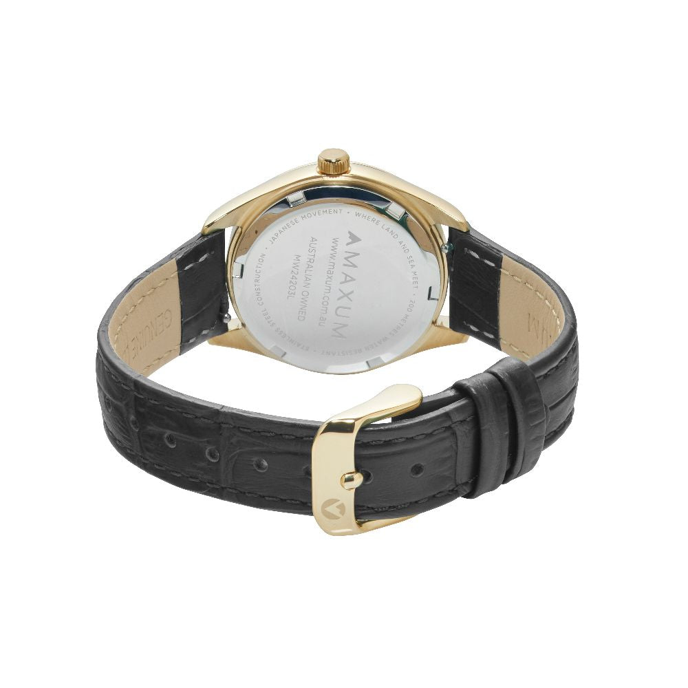 Sydney Crystal-Embellished Analogue Watch –White Dial, Gold Tone Case & Black Leather Band
