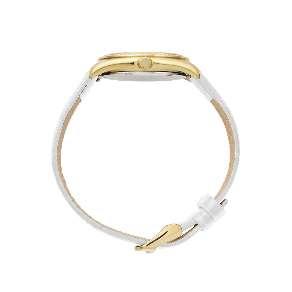 Sydney Crystal-Embellished Analogue Watch –White Dial, Gold Tone Case & White Leather Band